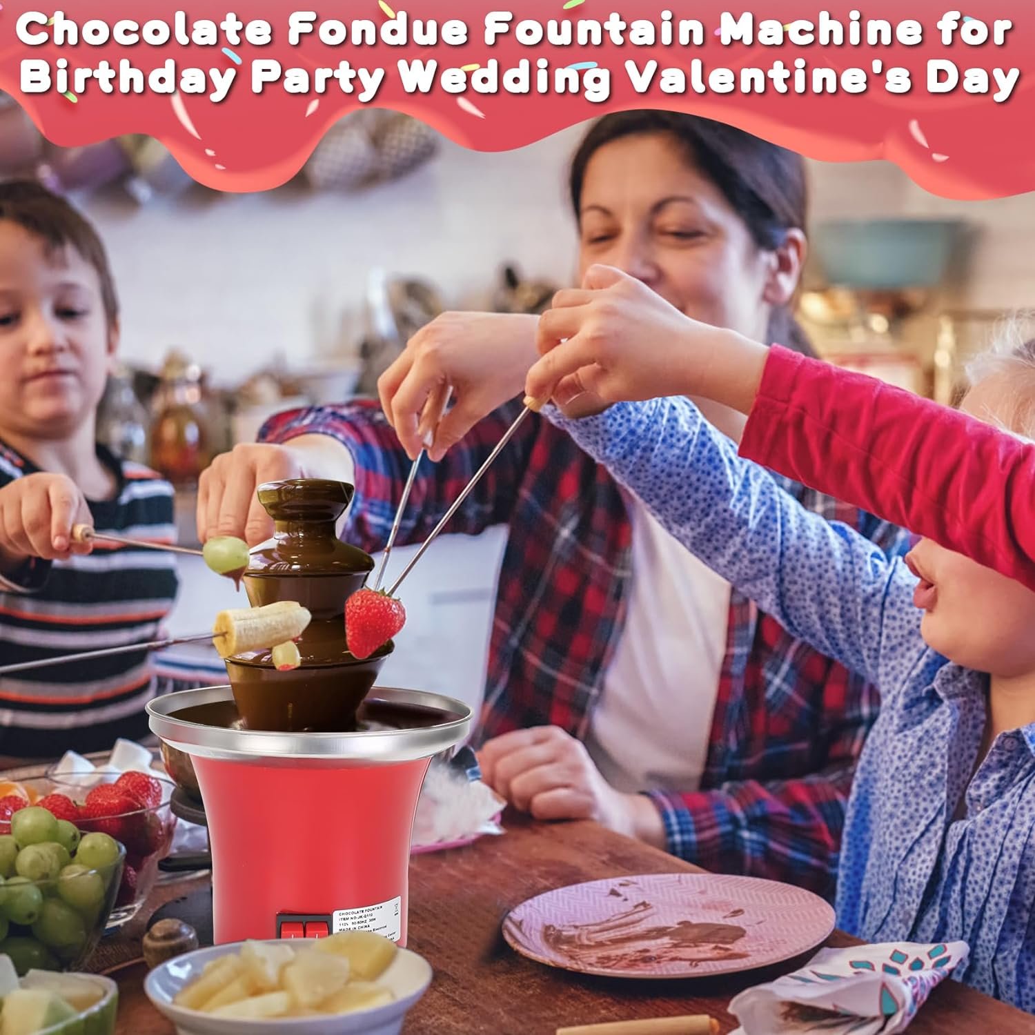 Chocolate Fondue Fountain, Flantor Mini Chocolate Fountain 3 Tiers Chocolate Fondue Fountain Machine with Removable Serving Tray for Birthday Party Wedding Valentines Day and More - 10 Oz - Red