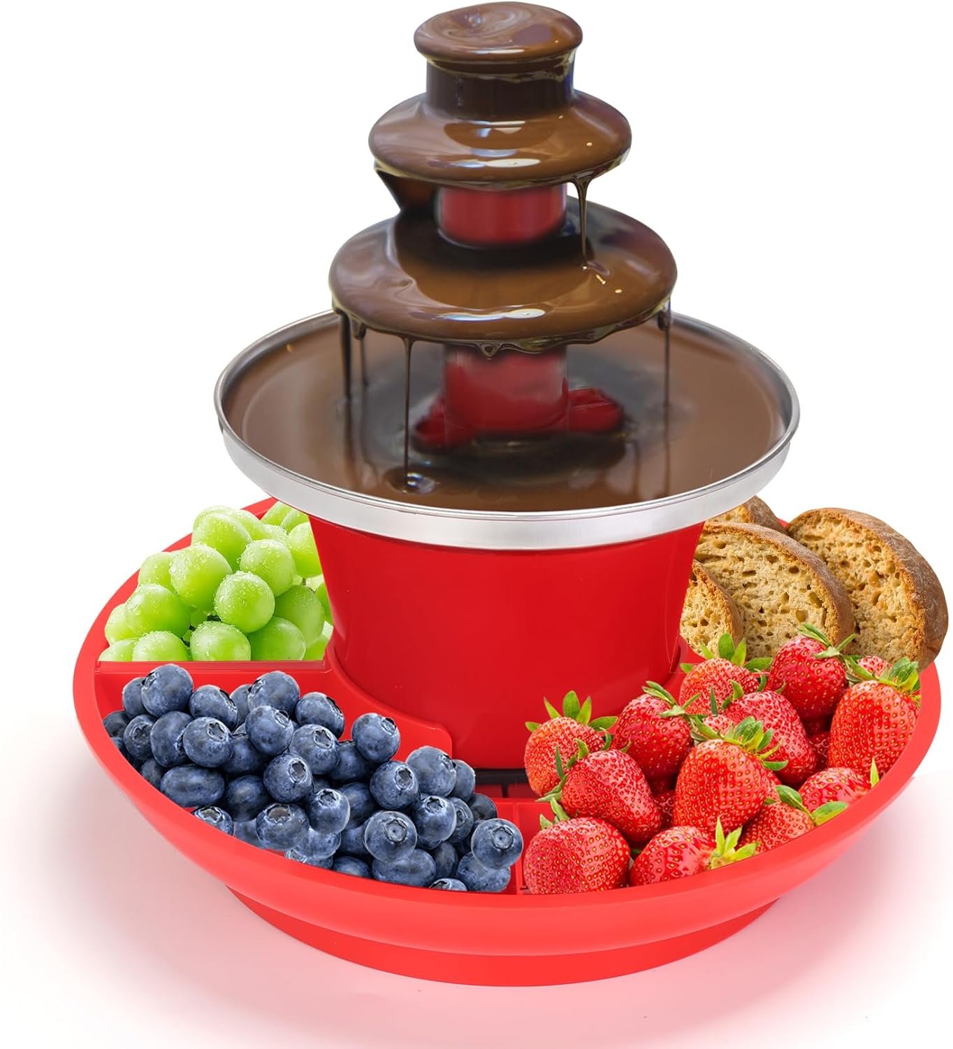 Chocolate Fondue Fountain, Flantor Mini Chocolate Fountain 3 Tiers Chocolate Fondue Fountain Machine with Removable Serving Tray for Birthday Party Wedding Valentines Day and More - 10 Oz - Red