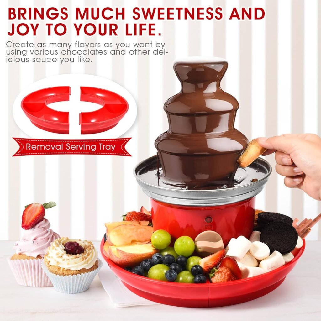 Chocolate Fountain, 3-Tier Mini Chocolate Fountain Machine with 4PCS Forks and Removal Serving Tray, Stainless Steel Electric Chocolate Fondue Fountain for Nacho Cheese, BBQ Sauce, Syrup, 20 OZ