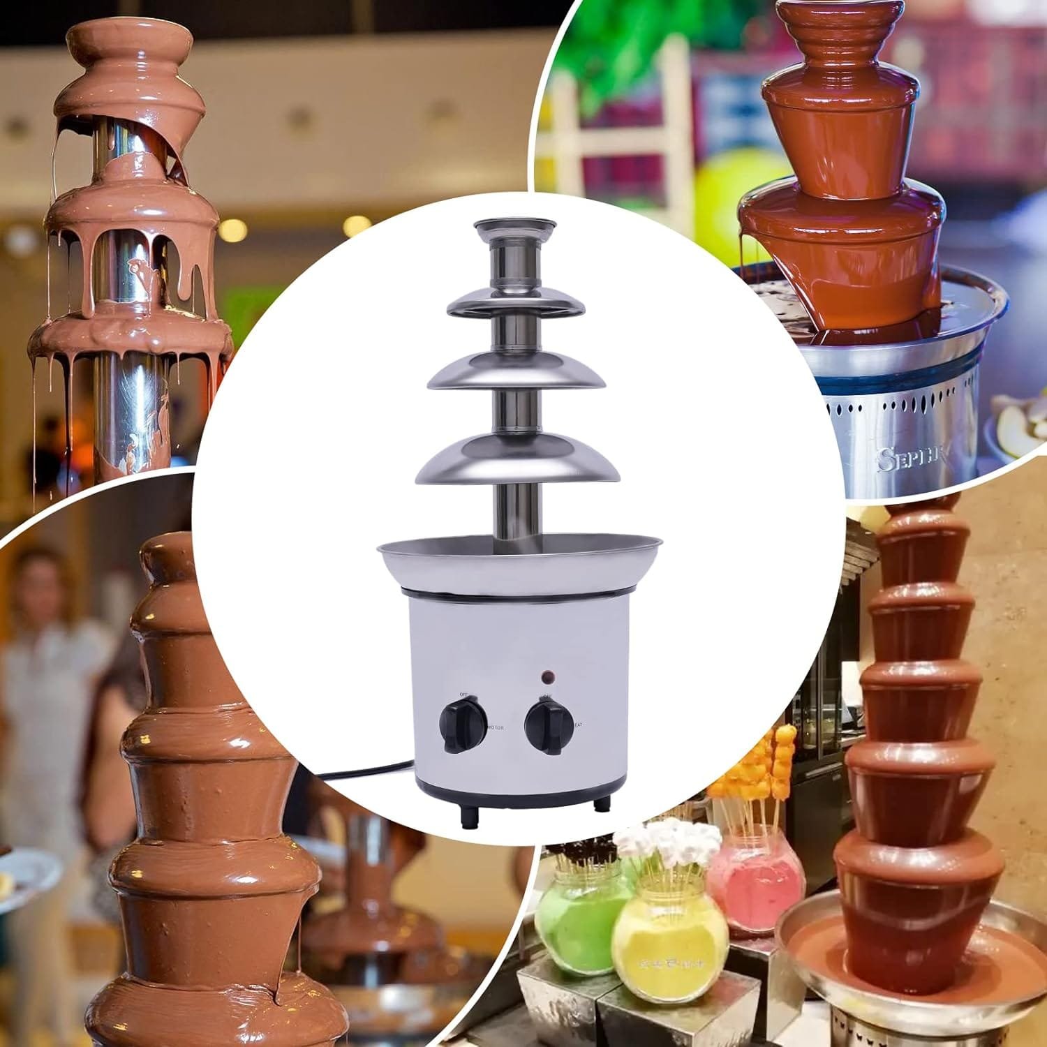 Chocolate Fountain, 4-Tier Chocolate Fondue Fountain Machine, 403 Stainless Steel 0.21 Gallon Capacity Fondue Pot Set for Chocolate Candy, Ranch, Nacho Cheese, Baby Shower, Birthday Celebration, D8.5 x H18.1 Chocolate Fountain, 4-Tier Chocolate Fondue Fountain Machine, 403 Stainless Steel 0.21 Gallon Capacity Fondue Pot Set for Chocolate Candy, Ranch, Nacho Cheese, Baby Shower, Birthday Celebration, D8.5 x H18.1