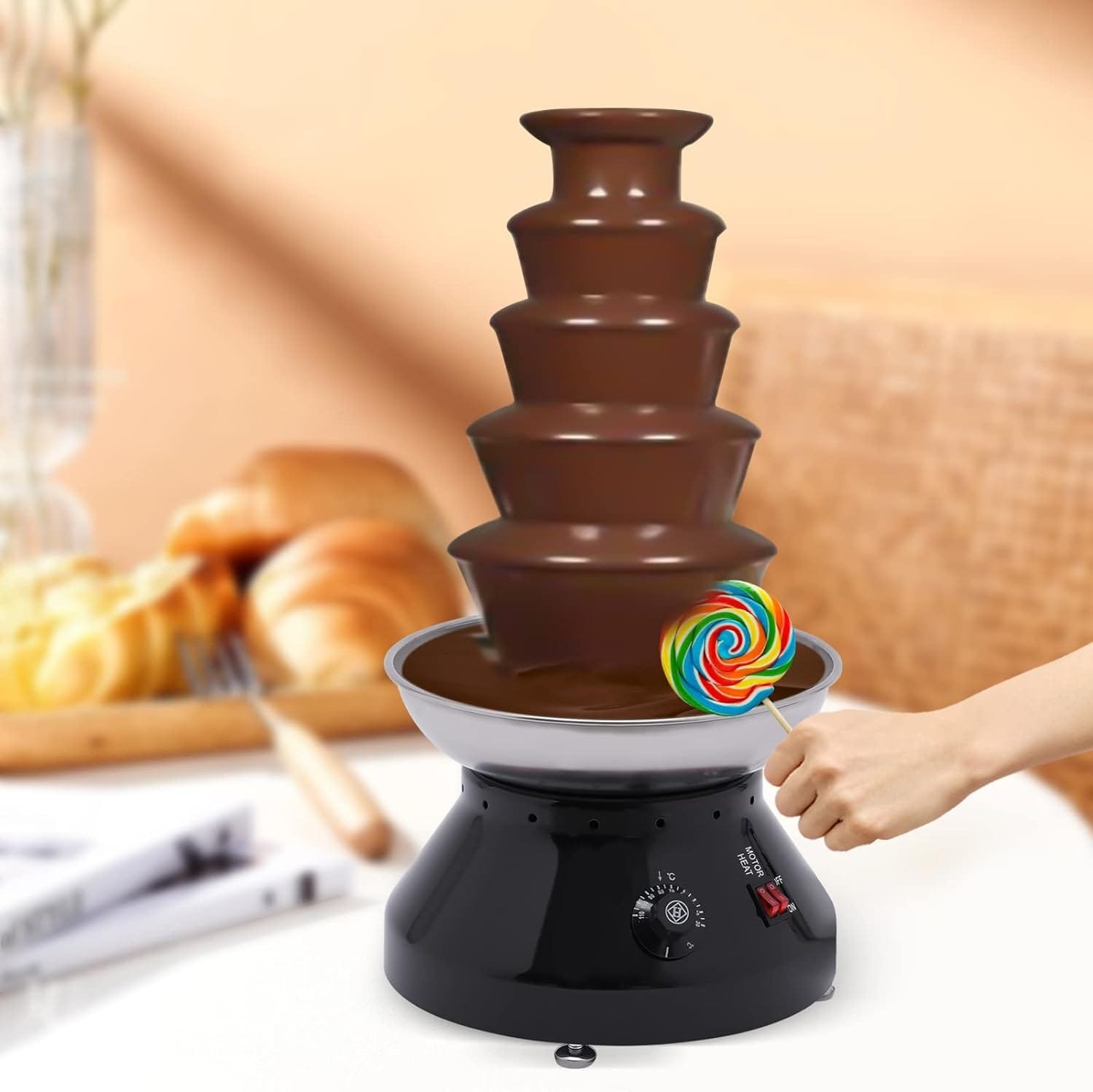 Chocolate Fountain, Commercial Hot Chocolate Fondue Tower, 5 Tier 7 lb Large Capacity Stainless Steel Chocolate Melting Heating Machine, for Party, Wedding, Melts Cheese, Candy, and Liqueur (Black) Chocolate Fountain, Commercial Hot Chocolate Fondue Tower, 5 Tier 7 lb Large Capacity Stainless Steel Chocolate Melting Heating Machine, for Party, Wedding, Melts Cheese, Candy, and Liqueur (Black)