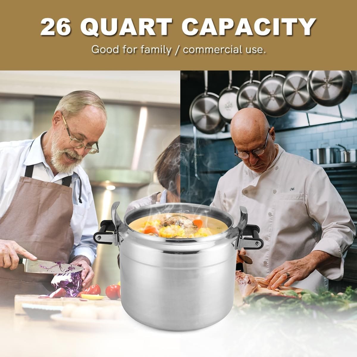 Clamp On Pressure Cooker, 26 Quart Aluminum Pressure Cooker w/Ultra Safe Clamp Bar Locking System, 2 Valves for Stable High Pressure, for Family or Commercial Use