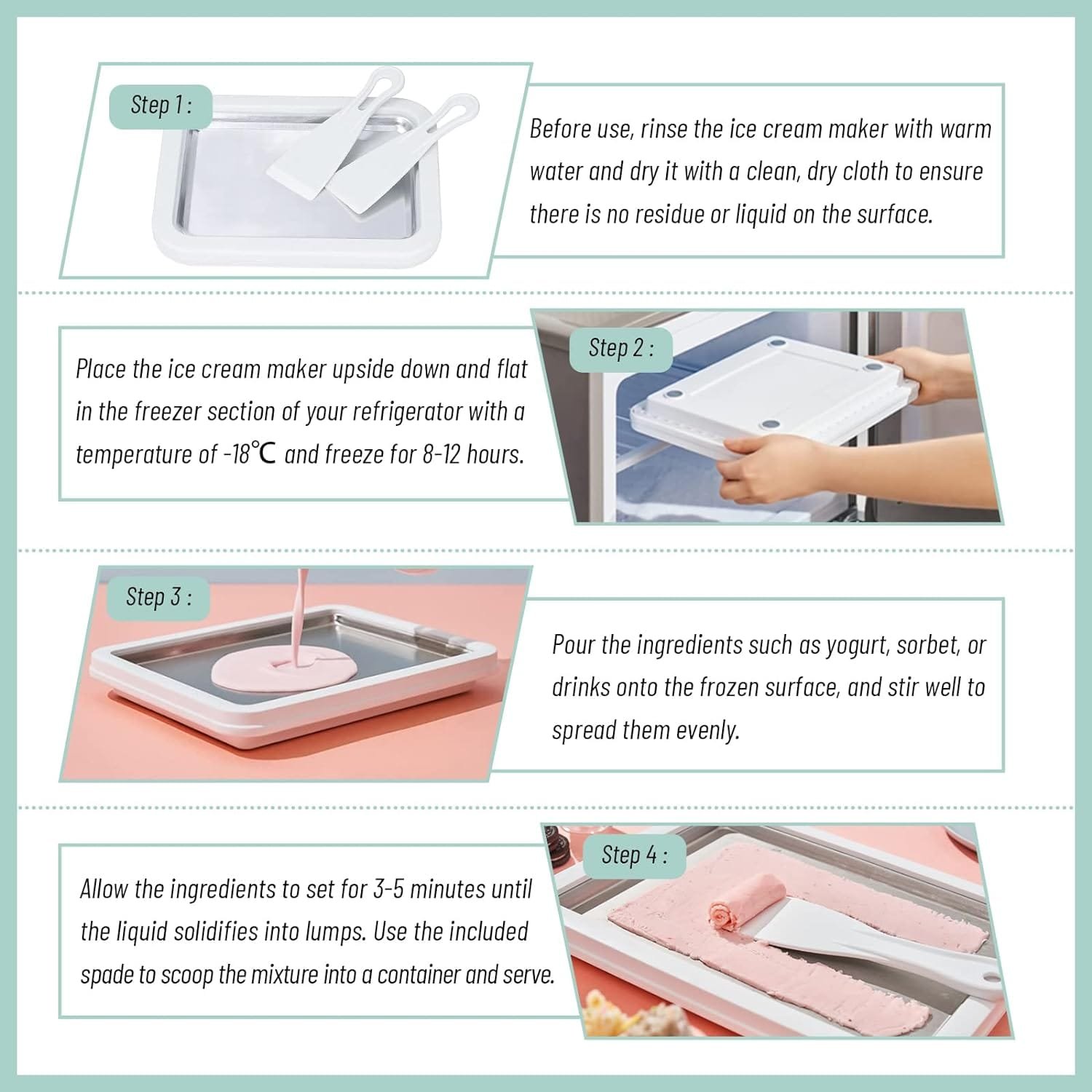 climafusion Instant Ice Cream Maker, Rolled Ice Cream Maker, Instant Gelato Pan/Roll, Homemade DIY Ice Cream for Fun Parent-Child Activities for Families Mint Green