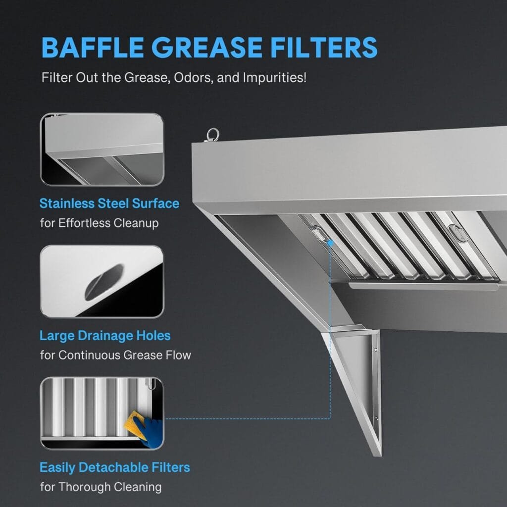 CO-Z Commercial Exhaust Hood, 7 ft Stainless Steel Rang Hood with 3 Removable Baffle Hood Filters and Support Tripods, Concession Trailer Hood for Food Truck Restaurant Commercial Kitchen