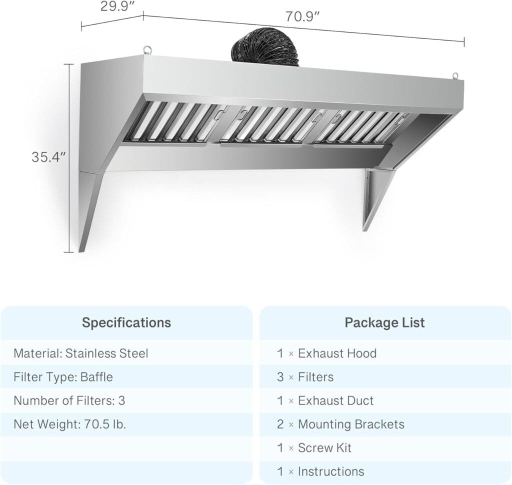 CO-Z Commercial Exhaust Hood, 7 ft Stainless Steel Rang Hood with 3 Removable Baffle Hood Filters and Support Tripods, Concession Trailer Hood for Food Truck Restaurant Commercial Kitchen