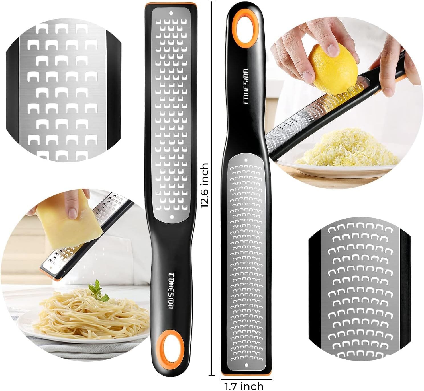Cohesion Etched Zester  Grater Set of 2 - Kitchen Zester Tool for Lemon, Cheese, Garlic, Ginger, Nutmeg, Chocolate, Fruits, Vegetables - Sharp Premium Stainless Steel Blade with Protective Cover
