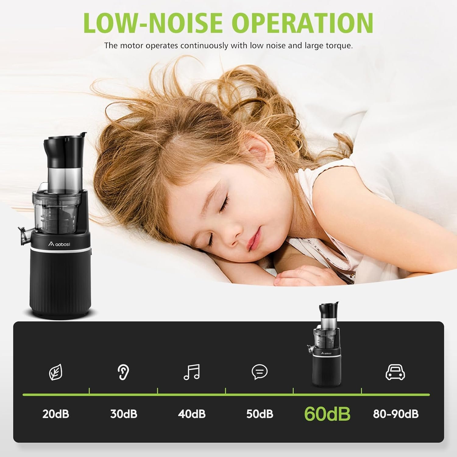 Cold Press Juicer, Aobosi Slow Masticating Machines with Large Feed Chute, Quiet Motor  Reverse Function, Easy to Clean Brush, Juicer Machine for High Nutrient Fruits Vegetables, 200 Watts, Gray