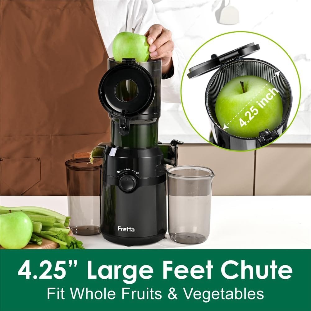 Cold Press Juicer Machines,Fretta Slow Masticating Juicer Machines with 4.25 Large Feed Chute,Fit Whole Fruits Vegetables Easy Clean Self Feeding,High Juice Yield,BPA Free (Black) Cold Press Juicer Machines,Fretta Slow Masticating Juicer Machines with 4.25 Large Feed Chute,Fit Whole Fruits Vegetables Easy Clean Self Feeding,High Juice Yield,BPA Free (Black)