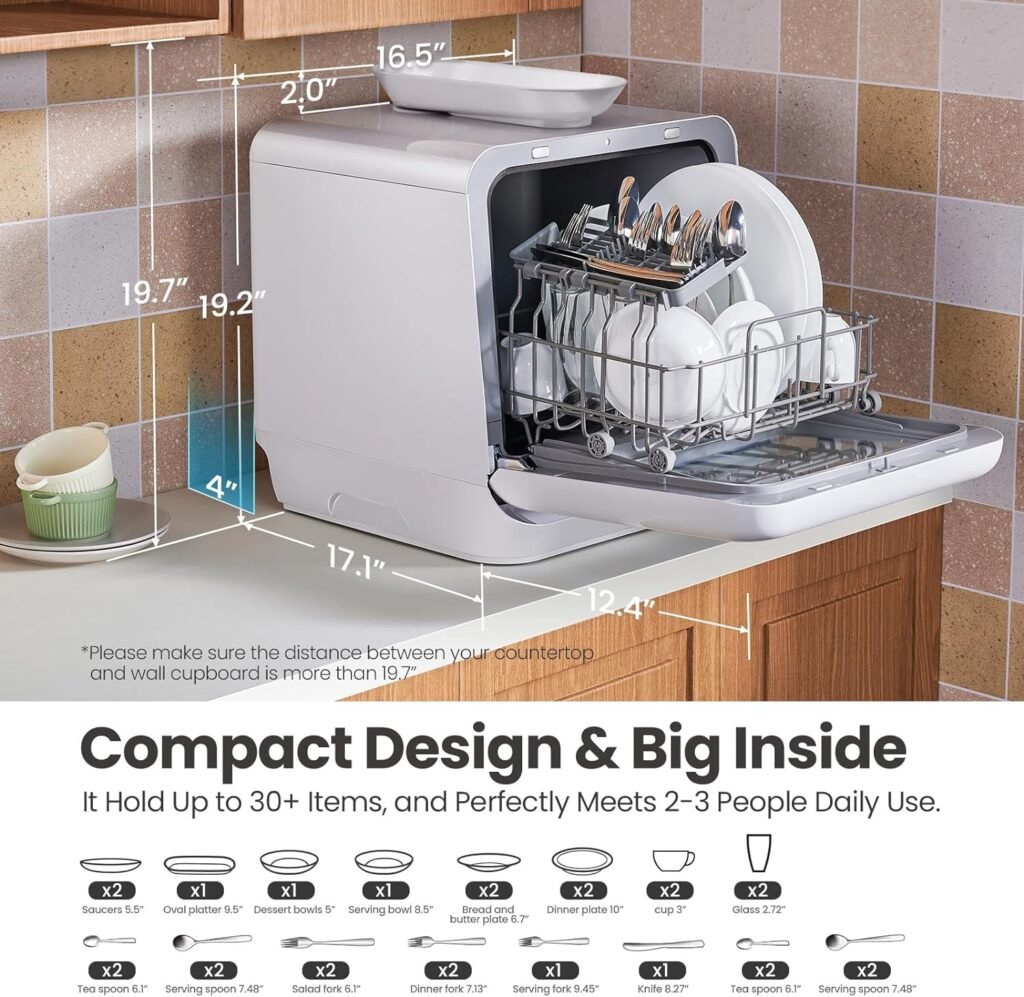 COMFEE Portable Dishwasher Countertop with 5L Built-in Water Tank, No Hookup Needed, 6 Programs, 360° Dual Spray, 192℉ High-Temp Air-Dry Function, Mini Dishwasher for RVs, White