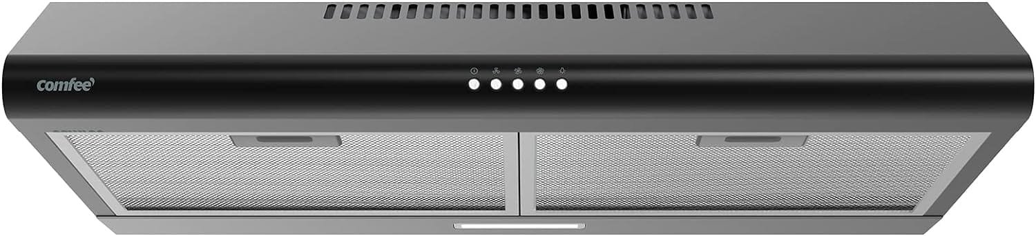 Comfee Range Hood 30 inch, Under Cabinet Ducted/Ductless Convertible Slim Vent Hood, Durable Stainless Steel Kitchen Stove Hood, 3 Speed Exhaust Fan and 2 LED Lights Range Hood (Black)