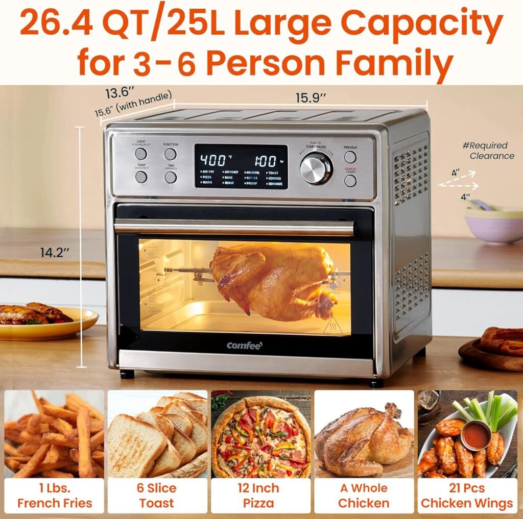 COMFEE Toaster Oven Air Fryer FLASHWAVE™ Ultra-Rapid Heat Technology, Convection Toaster Oven Countertop with Bake Broil Roast, 6 Slices Fits 11’’ Pizza 24QT, 4 Accessories 1750W Stainless Steel