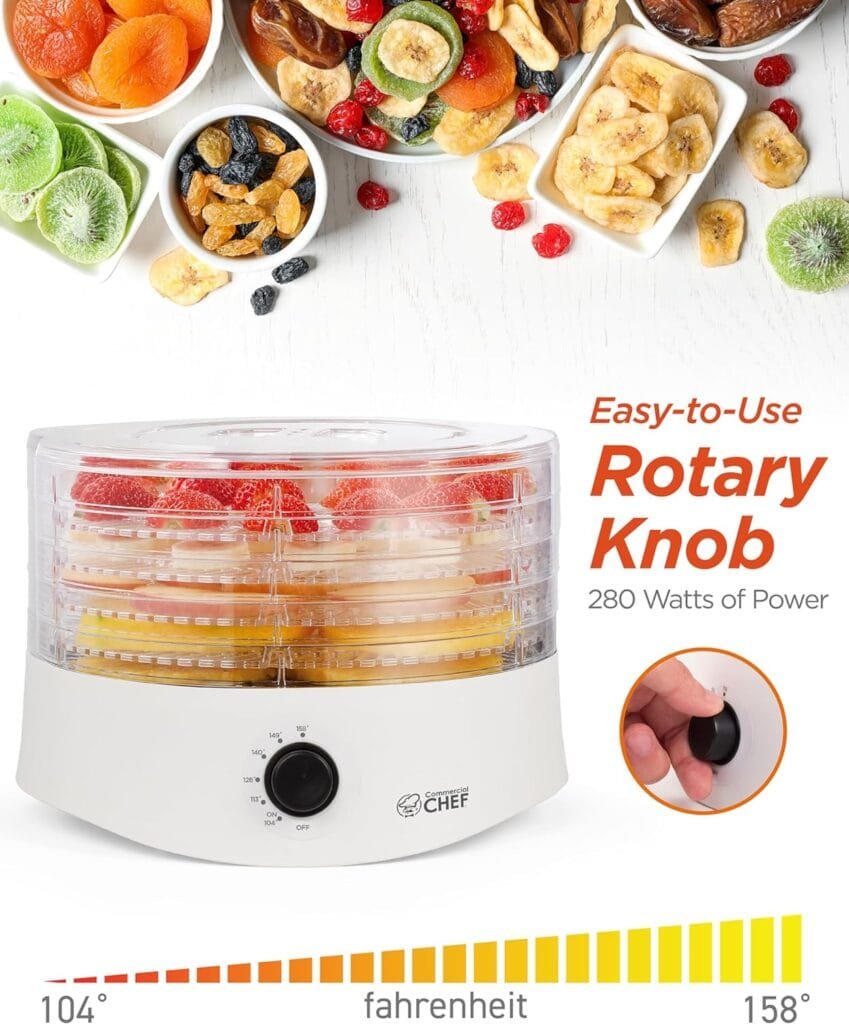 Commercial Chef Food Dehydrator, Dehydrator for Food and Jerky, 280W Meat Dehydrator Machine for Dehydrated Foods with 5 Drying Racks and Slide Out Tray, White
