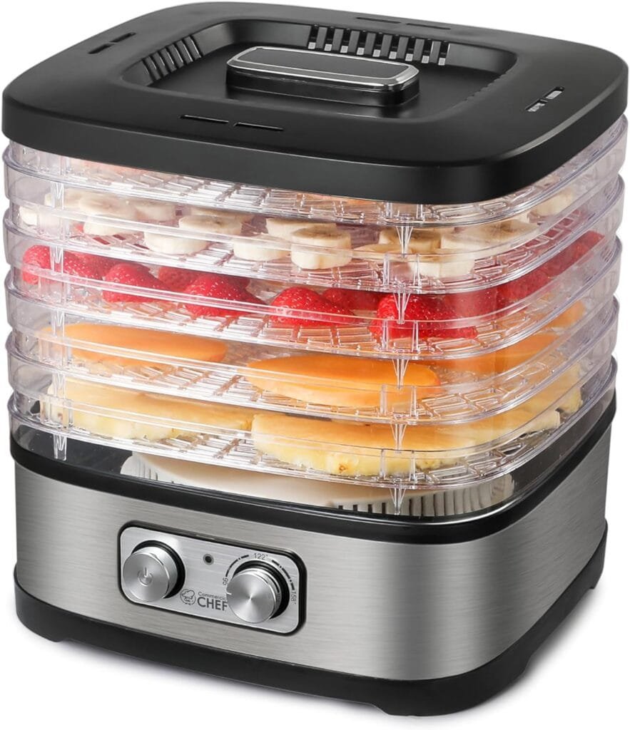 Commercial Chef Food Dehydrator, Dehydrator for Food and Jerky, 280W Meat Dehydrator Machine for Dehydrated Foods with 5 Drying Racks and Slide Out Tray, White