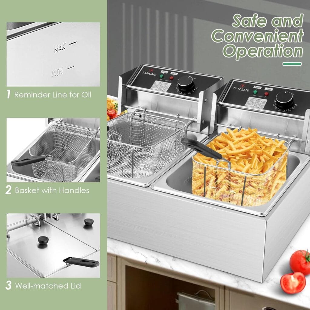 Commercial Deep Fryer - 3400W Electric Deep Fryers with 2x6.35QT Baskets 0.6mm Thickened Stainless Steel Countertop Oil Turkey Fryer 20.7QT Large Capacity with Temperature Limiter