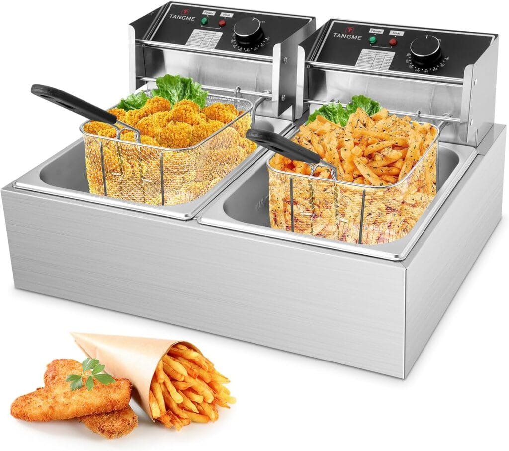 Commercial Deep Fryer - 3400W Electric Deep Fryers with 2x6.35QT Baskets 0.6mm Thickened Stainless Steel Countertop Oil Turkey Fryer 20.7QT Large Capacity with Temperature Limiter