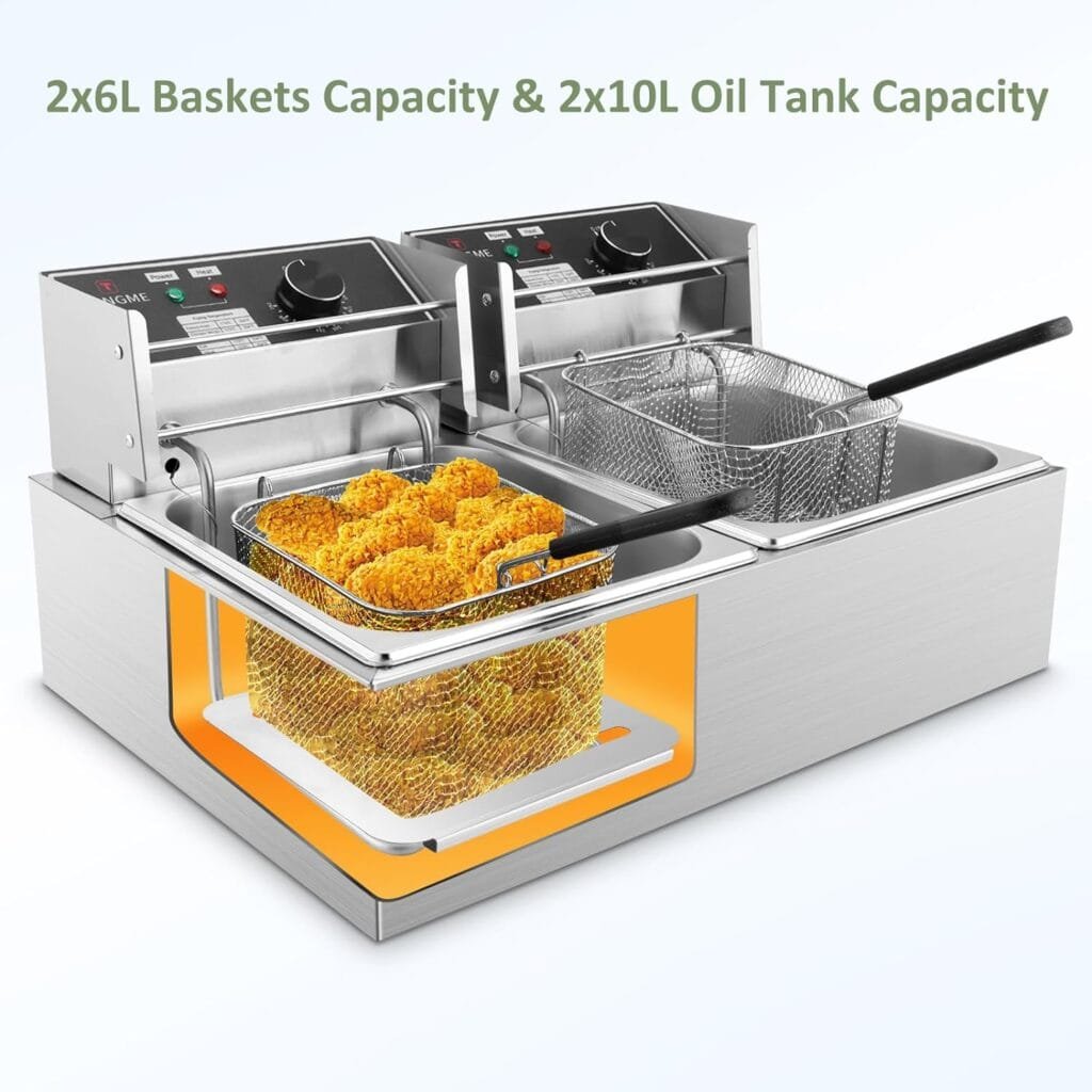 Commercial Deep Fryer - 3400W Electric Deep Fryers with 2x6.35QT Baskets 0.6mm Thickened Stainless Steel Countertop Oil Turkey Fryer 20.7QT Large Capacity with Temperature Limiter