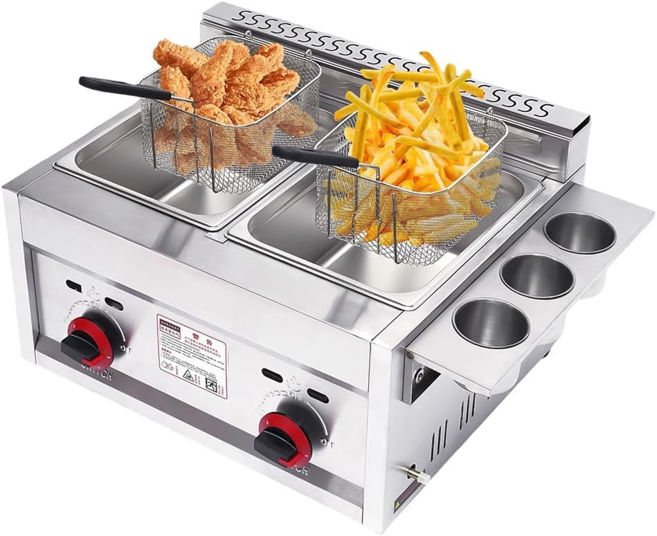 Commercial Gas Deep Fryer, 12 Liter Countertop Stainless Steel Outdoor Cooker with 2 x 6L Removable Baskets, Large Dual Tank Chicken Chips Fryer with Temperature Control for Commercial Restaurant Use