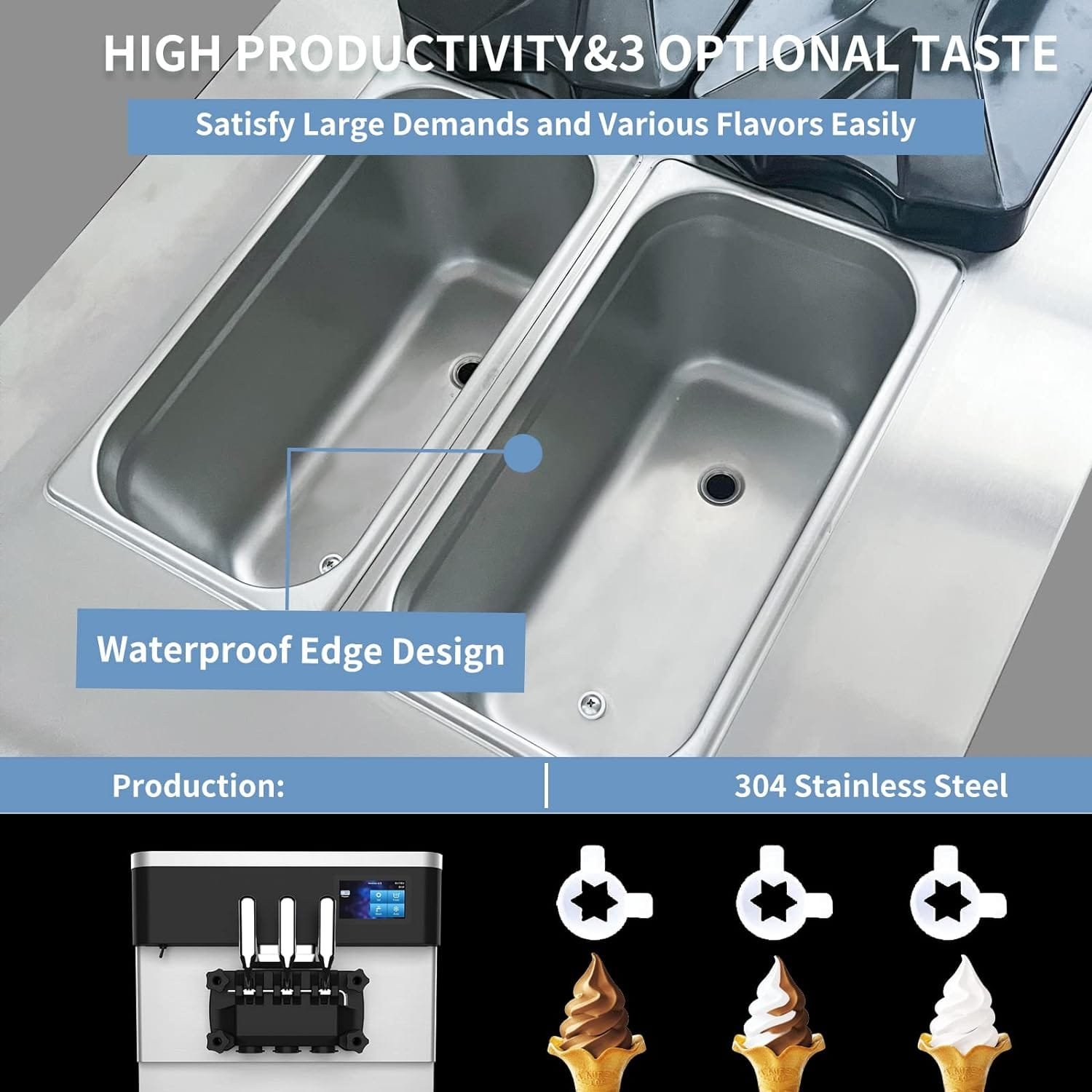 Commercial Ice Cream Maker Machine - 2450W 3 Flavors Soft Serve Ice Cream Machine 5.3 to 7.4 Gallons Per Hour Auto Clean Touch Screen LED Panel The Ideal Ice Cream Machine for Snack Bars Restaurants