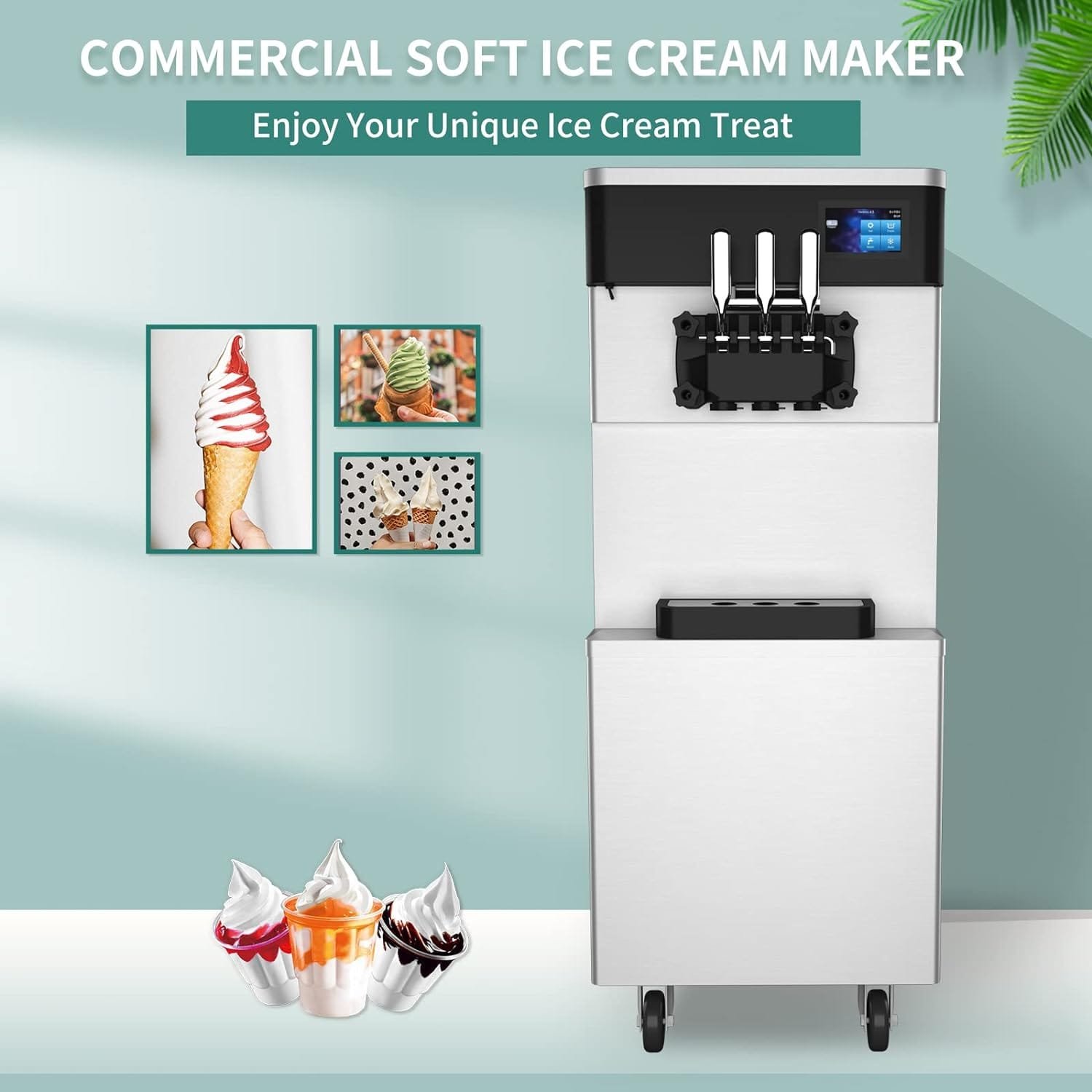 Commercial Ice Cream Maker Machine - 2450W 3 Flavors Soft Serve Ice Cream Machine 5.3 to 7.4 Gallons Per Hour Auto Clean Touch Screen LED Panel The Ideal Ice Cream Machine for Snack Bars Restaurants