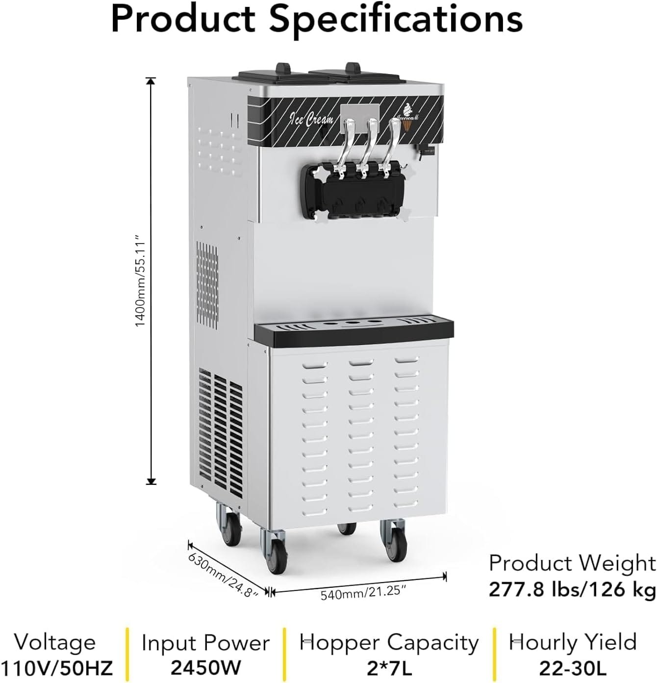 Commercial Ice Cream Maker with Two 12L Hoppers, 3 Flavors Soft Serve Machine. 2450W Compressor, Soft Ice Cream Machine with LCD Panel for Restaurants Snack Bar Commercial Ice Cream Maker with Two 12L Hoppers, 3 Flavors Soft Serve Machine. 2450W Compressor, Soft Ice Cream Machine with LCD Panel for Restaurants Snack Bar
