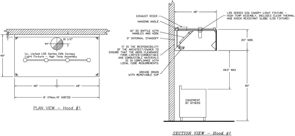 Commercial Kitchen Restaurant Duty Exhaust Hood, Wall Canopy Stainless Steel Exhaust Hood with Baffle Hood Filters, High Temperature Light Fixtures, and 10” Round Exhaust Riser (5 Long Hood) Commercial Kitchen Restaurant Duty Exhaust Hood, Wall Canopy Stainless Steel Exhaust Hood with Baffle Hood Filters, High Temperature Light Fixtures, and 10” Round Exhaust Riser (5 Long Hood)