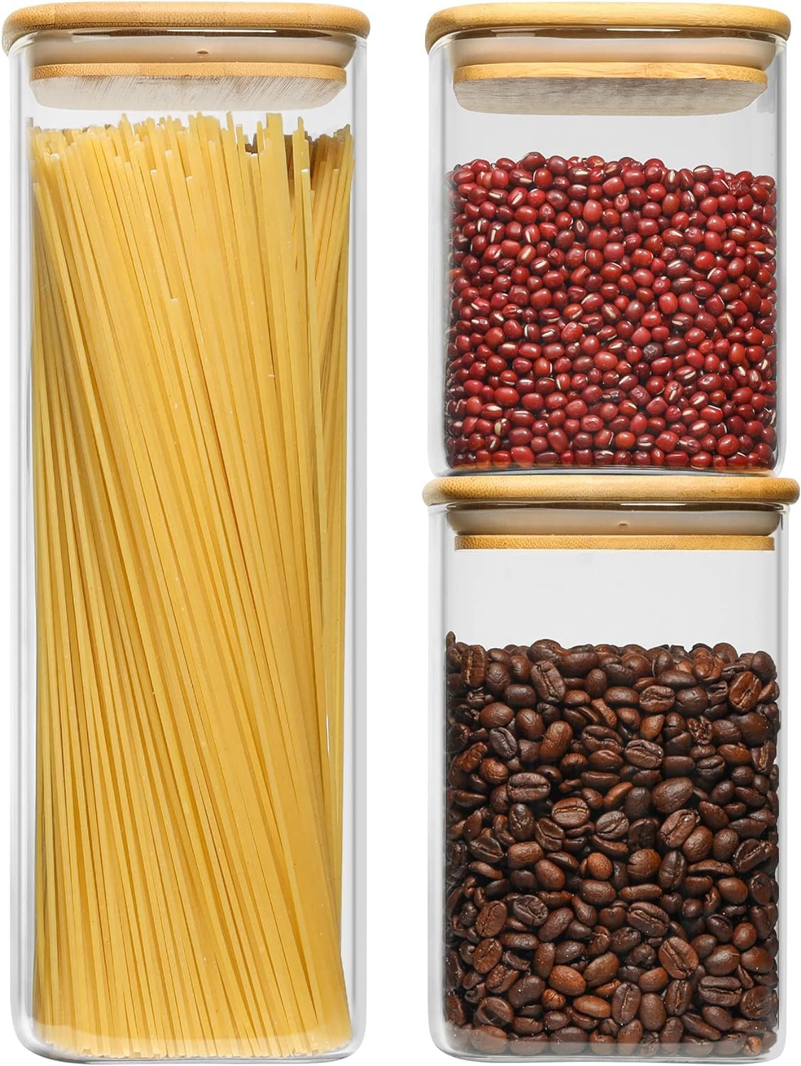 ComSaf Glass Storage Containers with Lids 37fl.oz, Glass Jars with Bamboo Lids, Clear Food Storage Jar, Glass Canister For Pantry Noodles Flour Cereal Rice Sugar Tea Coffee Beans, Square Set of 4