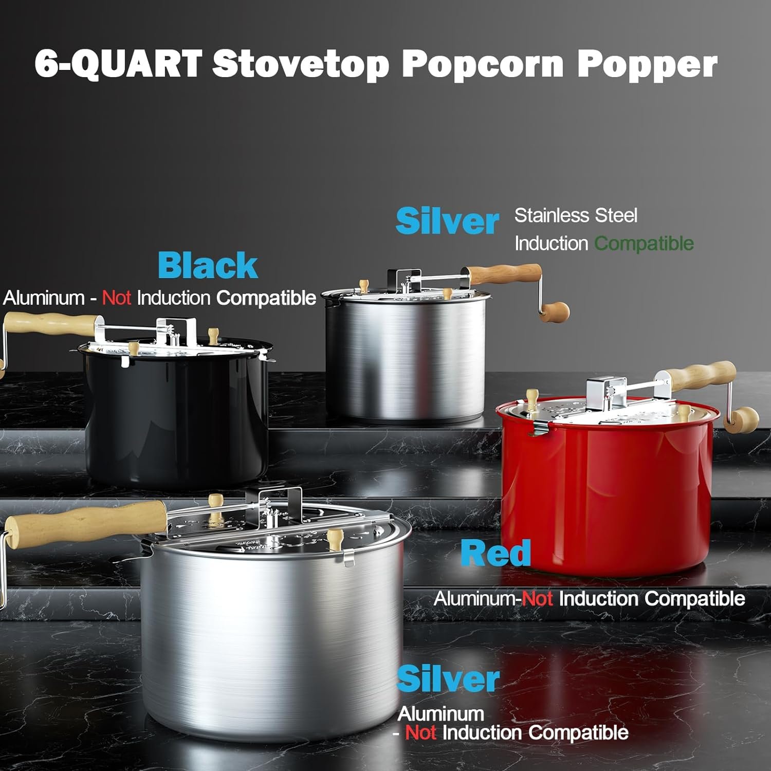 Cook N Home 02626 6 Quart Aluminium Stovetop Popcorn Popper Silver