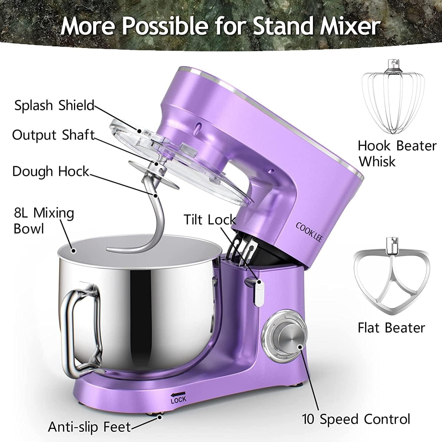 COOKLEE Stand Mixer, 9.5 Qt. 660W 10-Speed Electric Kitchen Mixer with Dishwasher-Safe Dough Hooks, Flat Beaters, Wire Whip  Pouring Shield Attachments for Most Home Cooks, SM-1551, Ruby Red