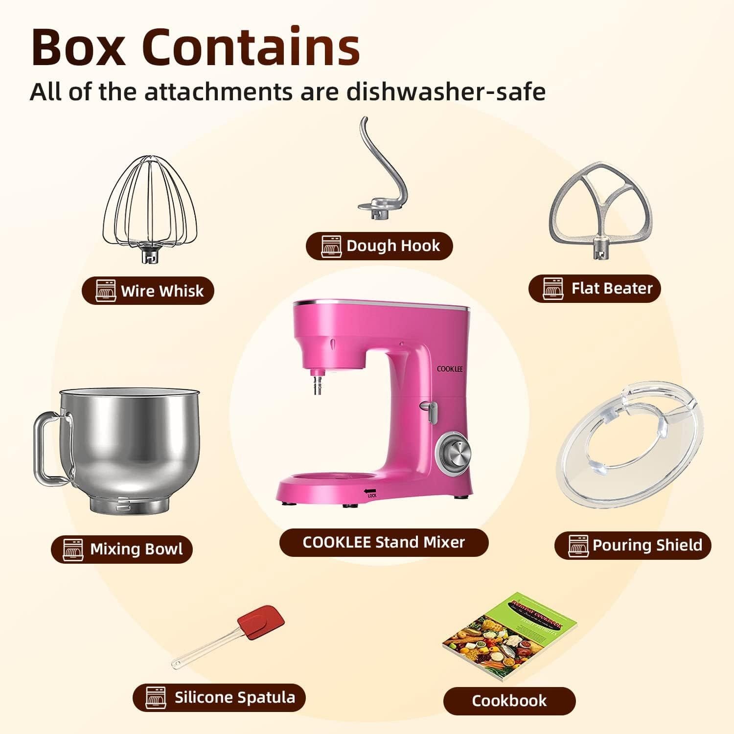 COOKLEE Stand Mixer, 9.5 Qt. 660W 10-Speed Electric Kitchen Mixer with Dishwasher-Safe Dough Hooks, Flat Beaters, Wire Whip  Pouring Shield Attachments for Most Home Cooks, SM-1551, Ruby Red