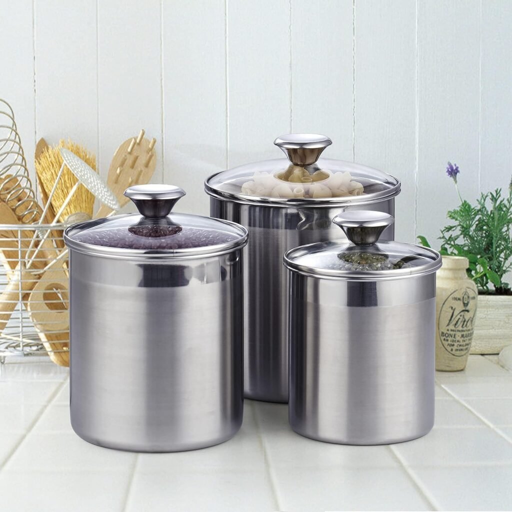 Cooks Standard Stainless Steel Food Jar Storage Canister Set Large 4-Piece, 1.6qt/2.5qt/3.5qt /5qt Airtight Containers with Glass Lid for Tea Coffee Sugar Flour Pantry Kitchen Counter