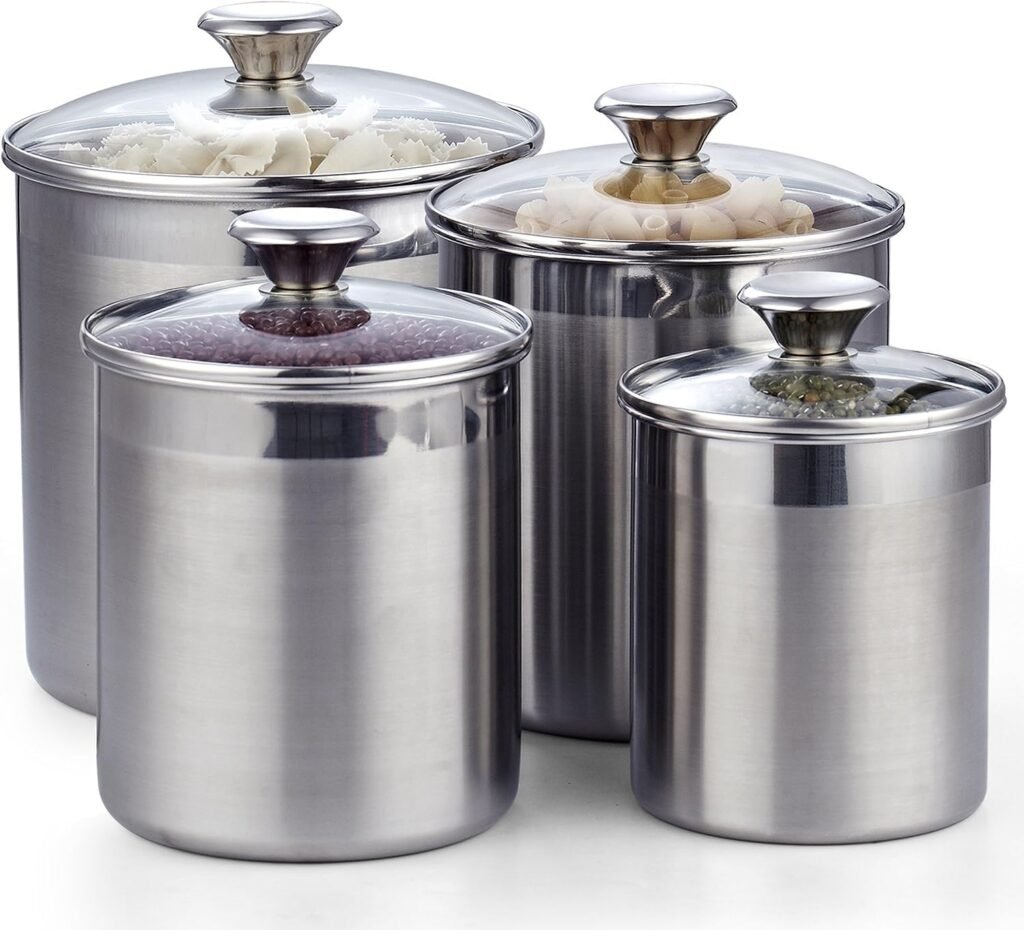 Cooks Standard Stainless Steel Food Jar Storage Canister Set Large 4-Piece, 1.6qt/2.5qt/3.5qt /5qt Airtight Containers with Glass Lid for Tea Coffee Sugar Flour Pantry Kitchen Counter