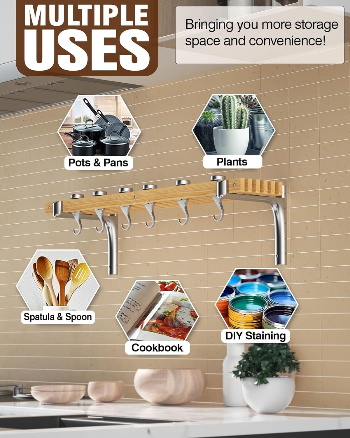 Cooks Standard Wall Mounted Wooden Pot Rack, 36 by 8-Inch