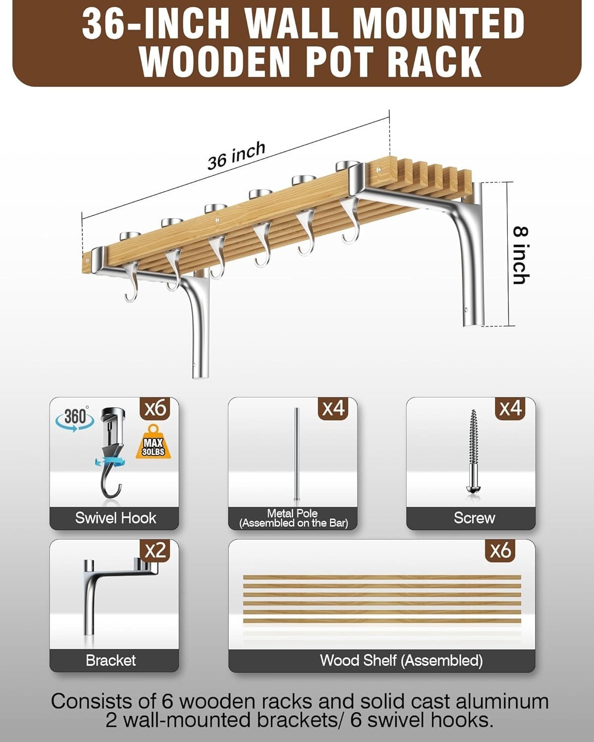 Cooks Standard Wall Mounted Wooden Pot Rack, 36 by 8-Inch