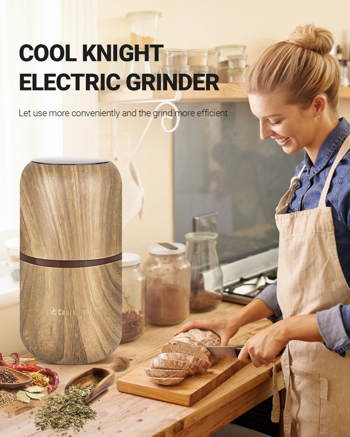 COOL KNIGHT Herb Grinder Electric Spice Grinder [Large Capacity/High Rotating Speed/Electric]-Electric Grinder for Spices and Herbs (Wood grain 2)