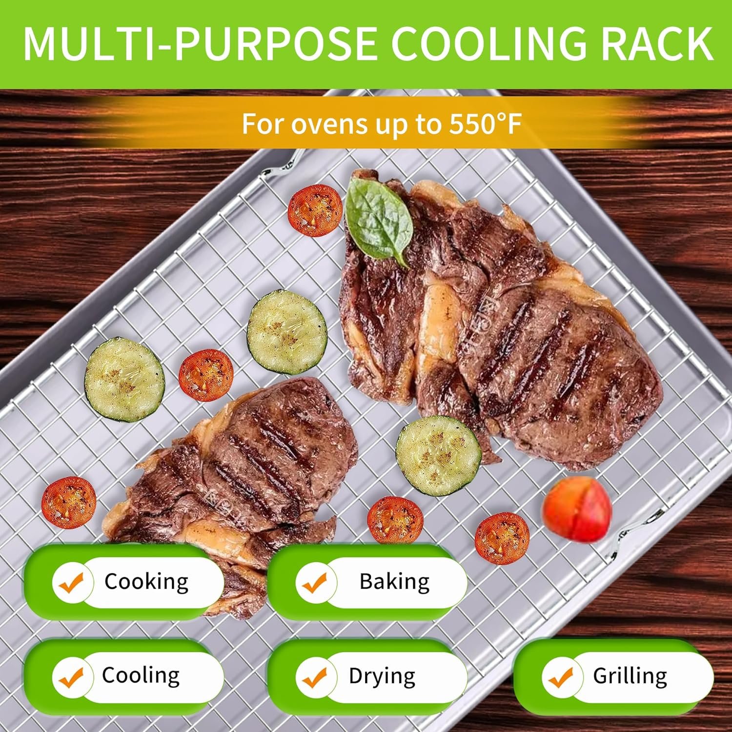 Cooling Rack for Baking, Set of 2 Stainless Steel, 16x10 Inches Baking Rack Oven Safe Grid Wire Racks for Roasting, Grilling, and Drying, Oven Safe and Dishwasher Friendly