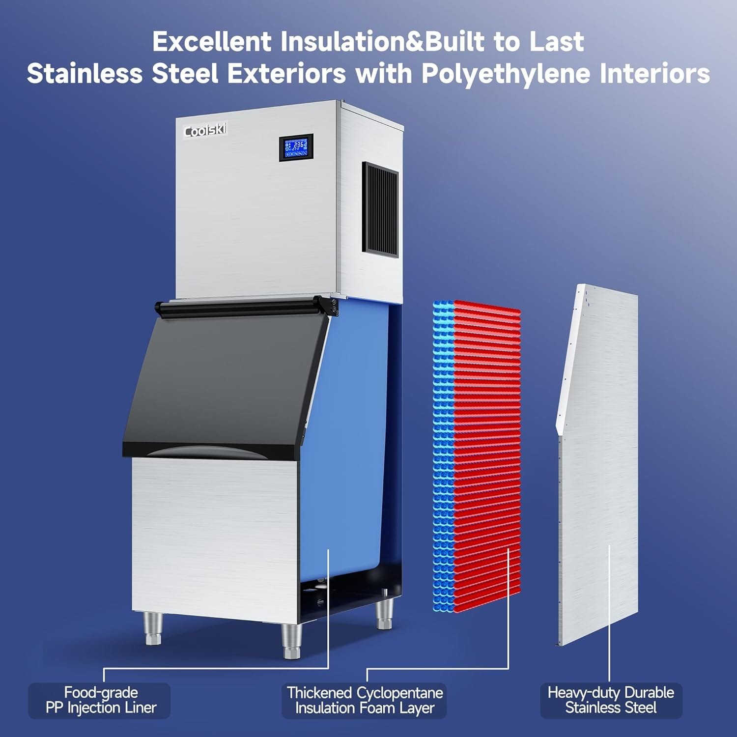 Coolski Commercial Ice Maker Machine 300LBS/24H, 22 Air Cooled Commercial Ice Machine with Ice Bin, Modular Ice Machine for Restaurants Clear Ice Cubes/Stainless Steel Construction/ETL Approved