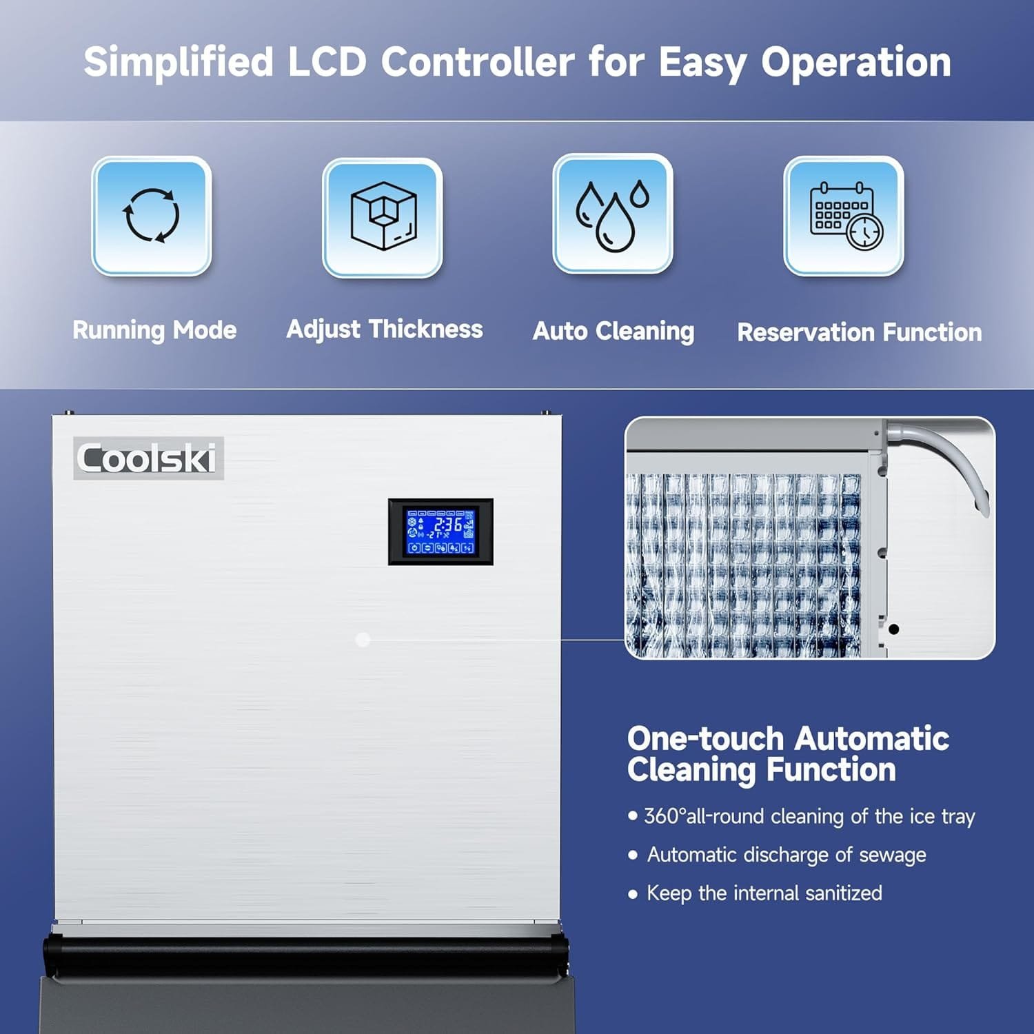 Coolski Commercial Ice Maker Machine 300LBS/24H, 22 Air Cooled Commercial Ice Machine with Ice Bin, Modular Ice Machine for Restaurants Clear Ice Cubes/Stainless Steel Construction/ETL Approved