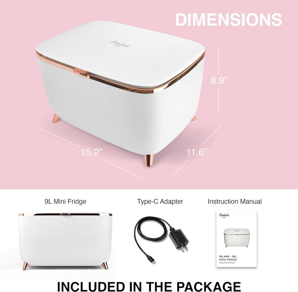 Cooluli Glam 9L Mini Skincare Fridge - White Mini Fridge for Skin Care Accessories, Makeup, Cosmetics and Facial Masks Storage - Ideal Birthday and Christmas Gift for Women and Teen Girls