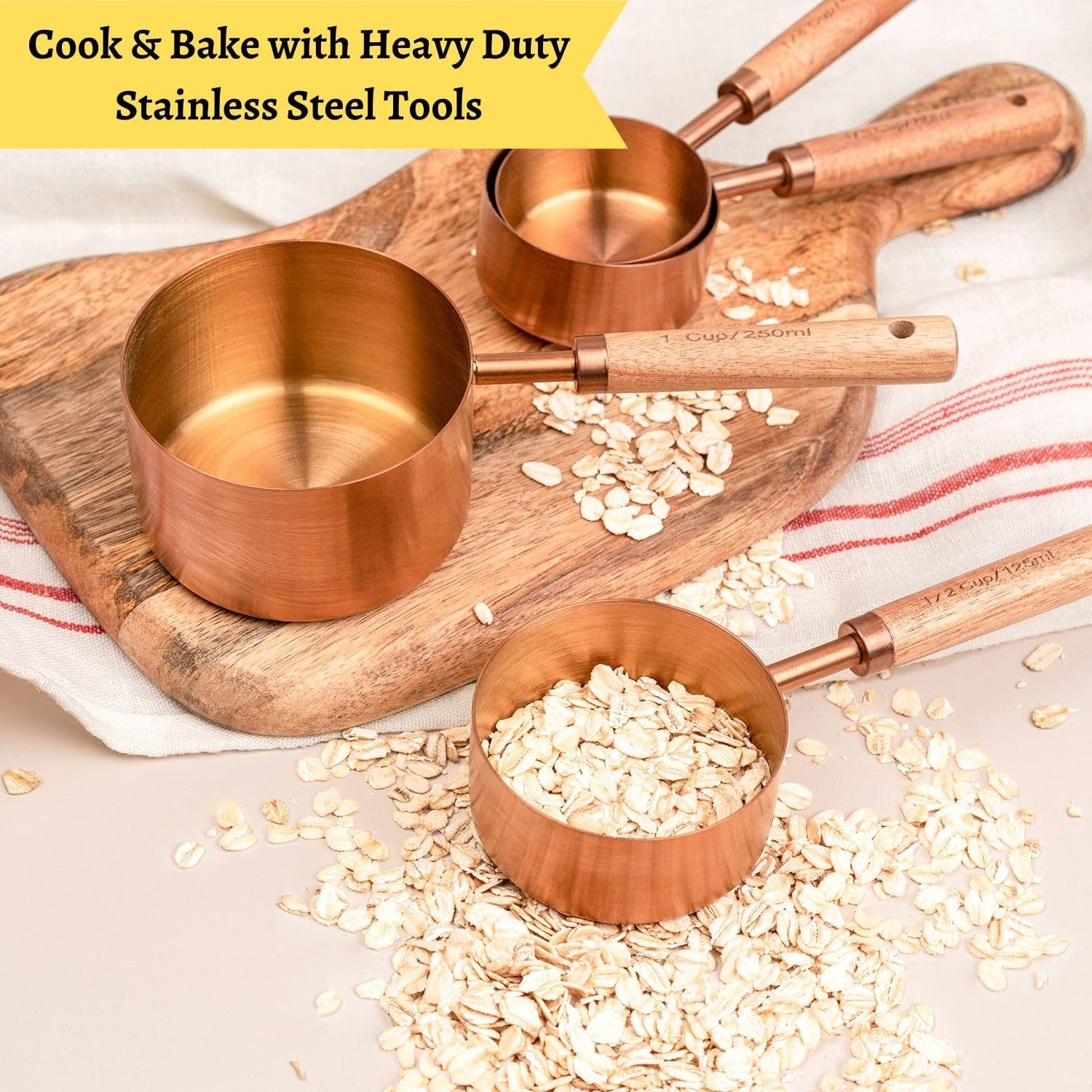 Copper Stainless Steel Measuring Cups and Spoons Set of 8, Wooden Handle with US Measurements, Metric Cups and Spoons for cooking and baking