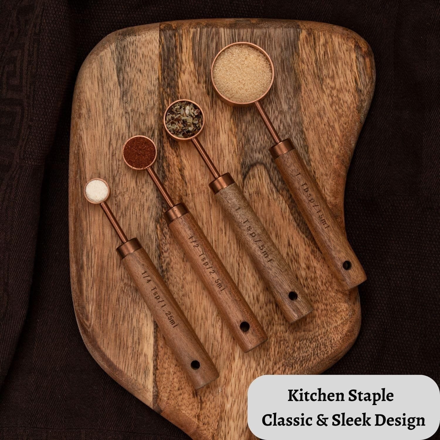 Copper Stainless Steel Measuring Cups and Spoons Set of 8, Wooden Handle with US Measurements, Metric Cups and Spoons for cooking and baking