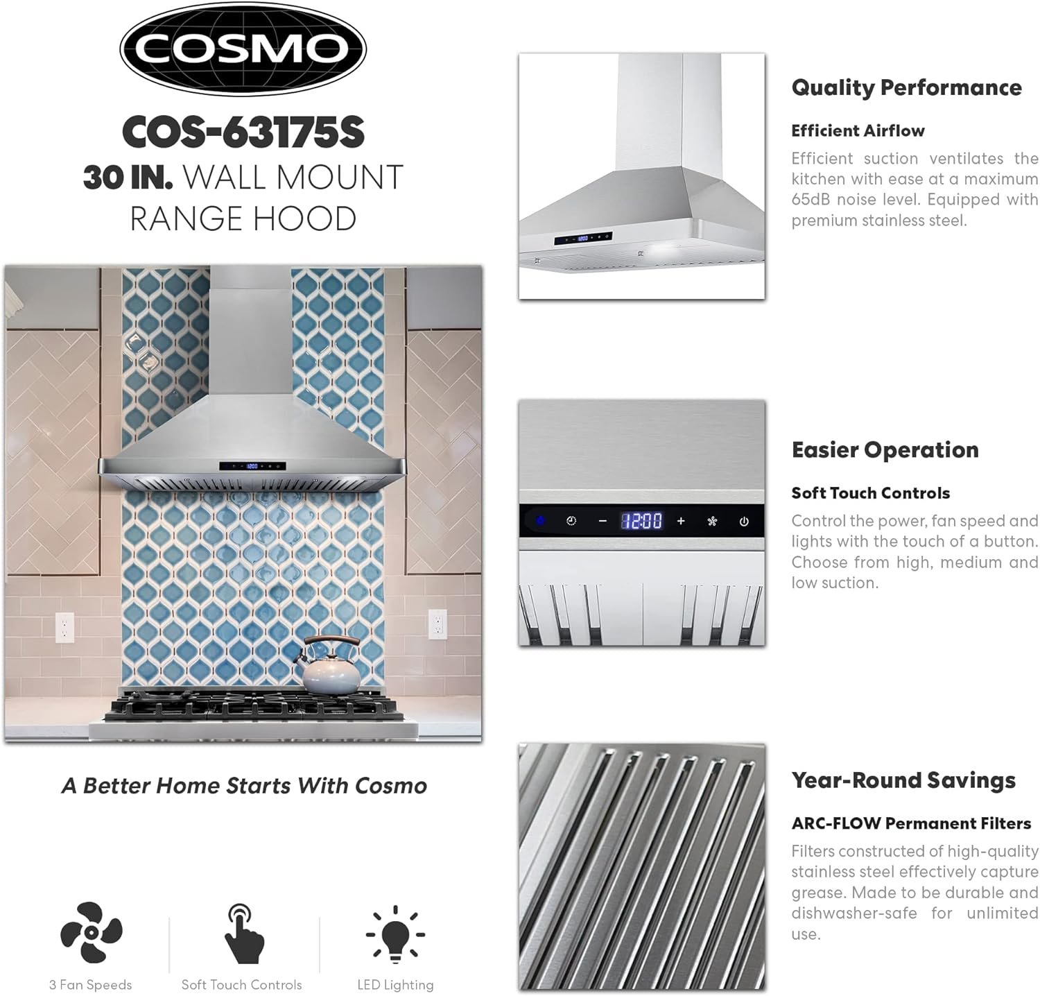 COSMO 63175 30 in. Wall Mount Range Hood with Efficient Airflow, Ducted, 3-Speed Fan, Permanent Filters, LED Lights, Chimney Style Over Stove Vent in Stainless Steel, Exhaust