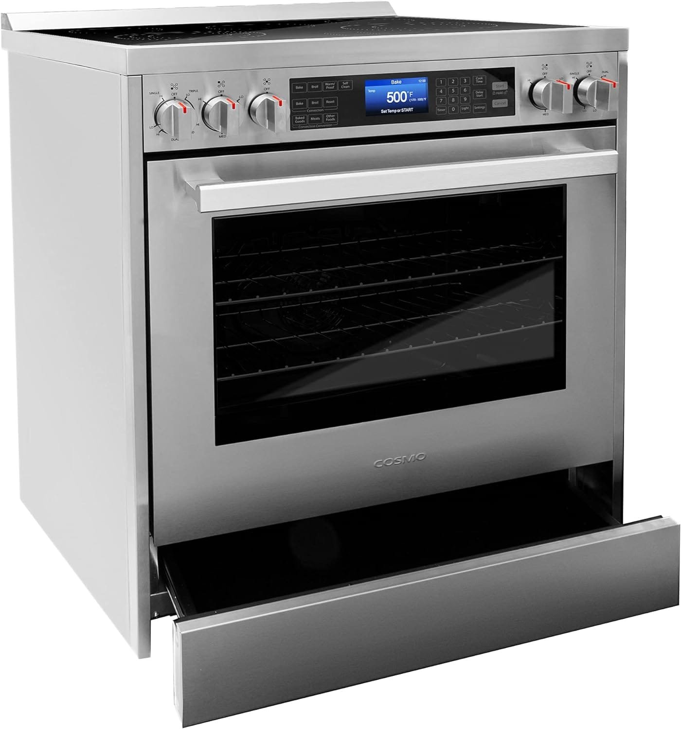 COSMO COS-305AERC Commercial-Style Electric Range with 4 Burners / 1 Warming Zone and 5 cu. ft. Capacity Oven with 7 Functions, Turbo True European Convection, 30 inch, Stainless Steel