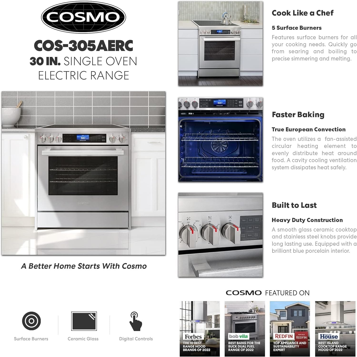 COSMO COS-305AERC Commercial-Style Electric Range with 4 Burners / 1 Warming Zone and 5 cu. ft. Capacity Oven with 7 Functions, Turbo True European Convection, 30 inch, Stainless Steel