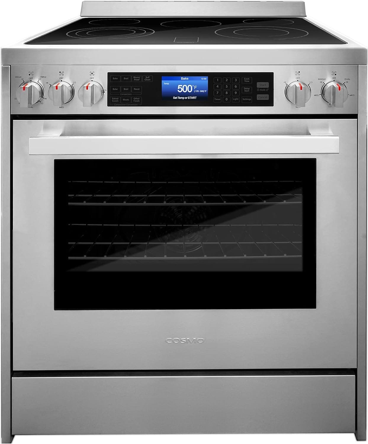 COSMO COS-305AERC Commercial-Style Electric Range with 4 Burners / 1 Warming Zone and 5 cu. ft. Capacity Oven with 7 Functions, Turbo True European Convection, 30 inch, Stainless Steel