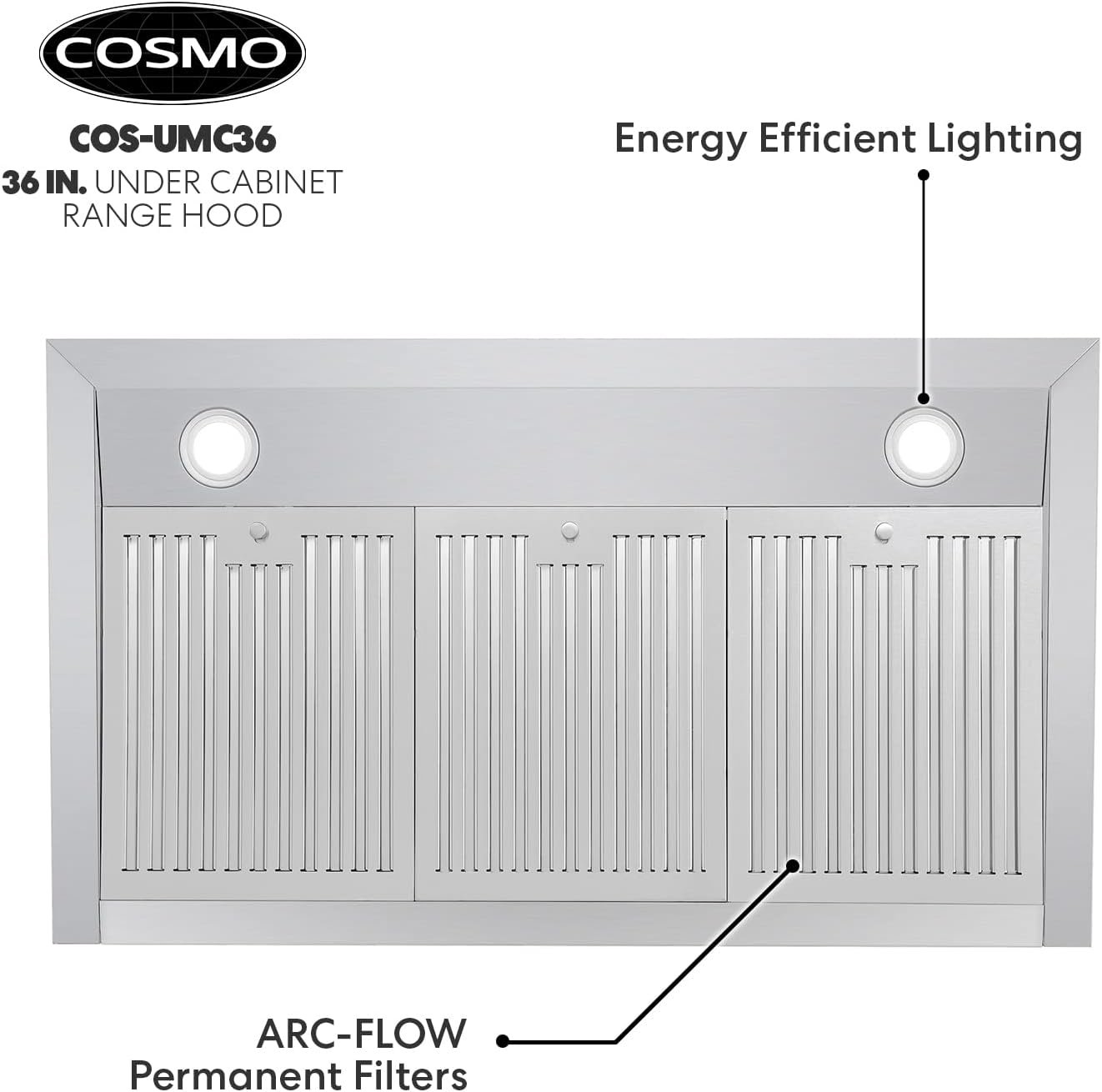 COSMO COS-36IRHP 36 in. Insert Range Hood with Push Button Controls, 3-Speed Fan, LED Lights and Permanent Filters in Stainless Steel COSMO COS-36IRHP 36 in. Insert Range Hood with Push Button Controls, 3-Speed Fan, LED Lights and Permanent Filters in Stainless Steel