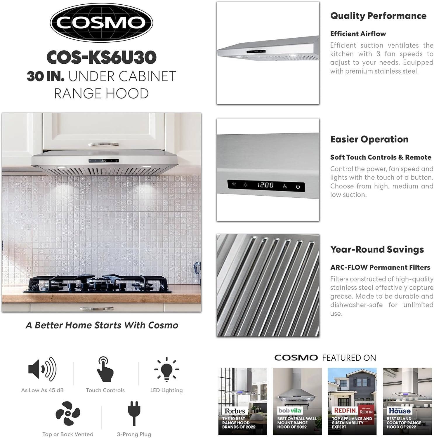 COSMO COS-KS6U30 Cabinet Range Hood, Stainless Steel