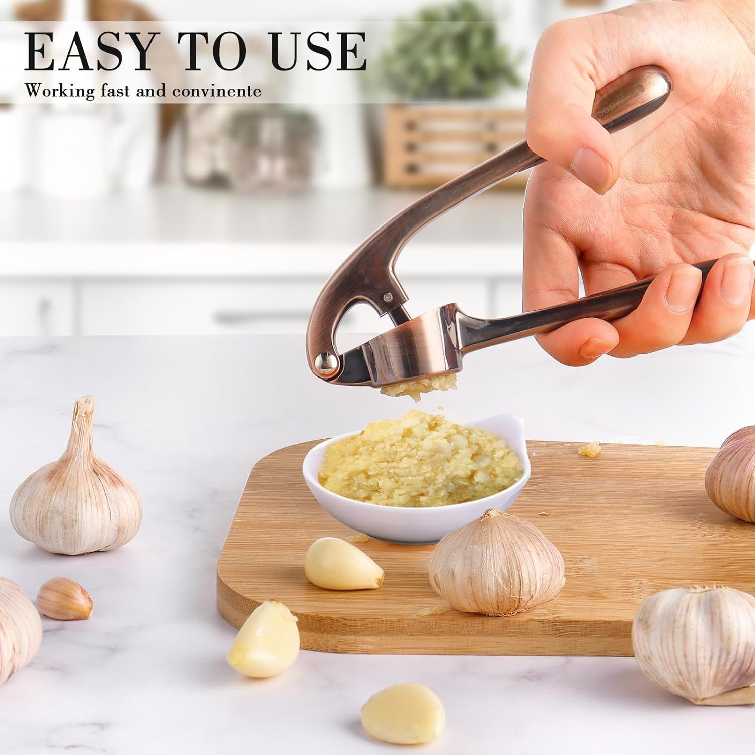 Coson Home Garlic Press Crusher Chopper Mincer Mashed Garlic Puree Maker with Silicone Peeler and Cleaning Brush, Easy to Clean, Dishwasher Safe (Silver)