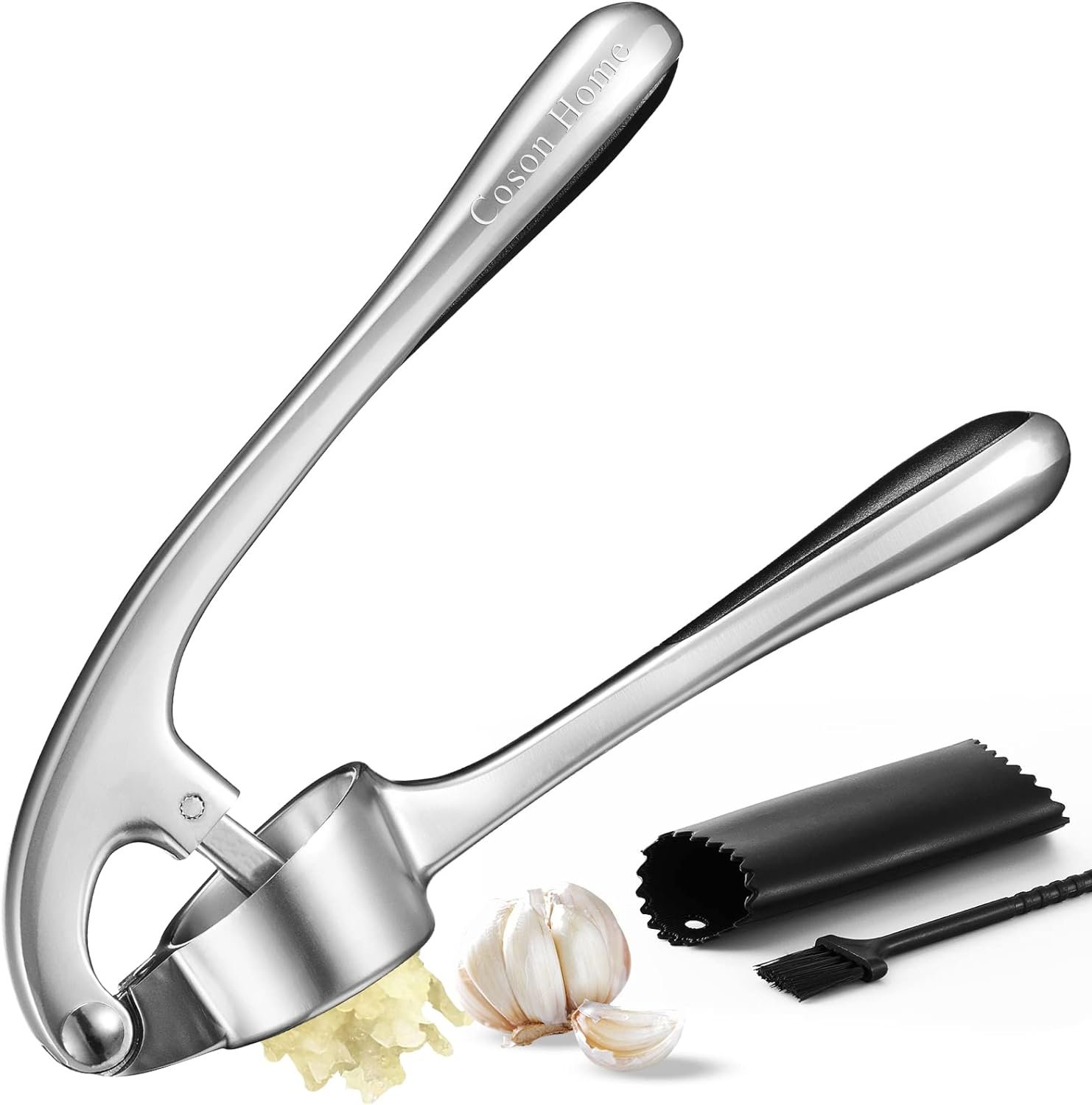 Coson Home Garlic Press Crusher Chopper Mincer Mashed Garlic Puree Maker with Silicone Peeler and Cleaning Brush, Easy to Clean, Dishwasher Safe (Silver)