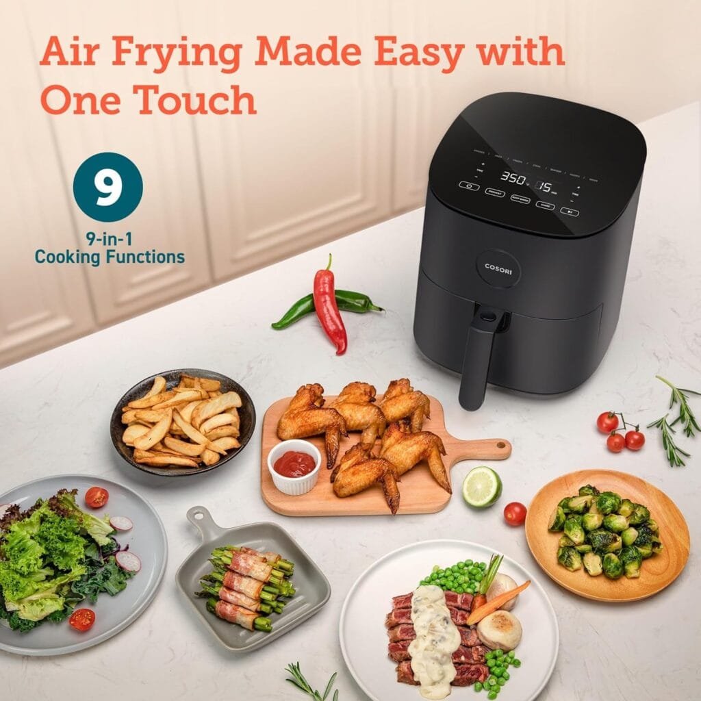 COSORI Air Fryer Pro LE 5-Qt Airfryer, Quick and Easy Meals, UP to 450℉, Quiet, 85% Oil less, 130+ Recipes , 9 Customizable Functions, SHAKE Reminder, Compact, Dishwasher Safe