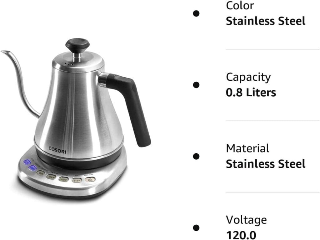 COSORI Electric Gooseneck Kettle with 5 Temperature Control Presets, Pour Over Kettle for Coffee  Tea, Hot Water Boiler, 100% Stainless Steel Inner Lid  Bottom, 1200W/0.8L